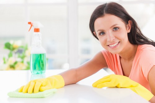 Commercial cleaning team maintaining an office lobby